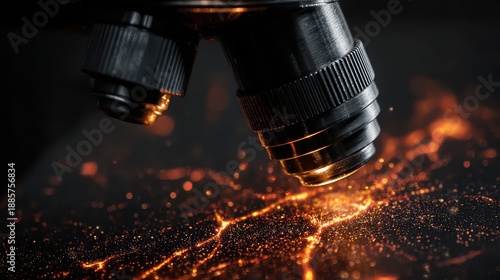 High-Resolution Digital Microscope View of a Glowing Cell on Black Background with Intricate Details Illuminated