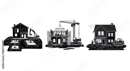 Construction site with houses in various stages of building and demolition
