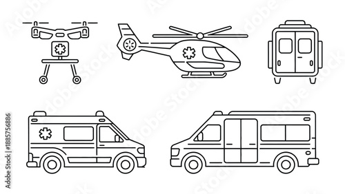Emergency Services Array: A comprehensive collection of emergency service vehicles, including ambulance, helicopter, and drone, stands ready to respond to urgent situations.