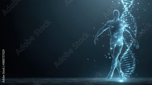 Glowing Human Figure with Holographic Circuits and DNA Helix in a Dark Space