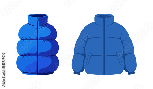 Blue winter puffer jacket and vest icons isolated on white background casual warm clothing for cold weather and outdoor fashion equipment