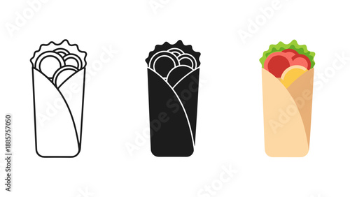 Variety of shawarma wraps with different fillings and colors isolated