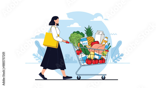 Woman pushing a shopping cart overflowing with various groceries including fruits, vegetables, and dairy products in a supermarket setting.