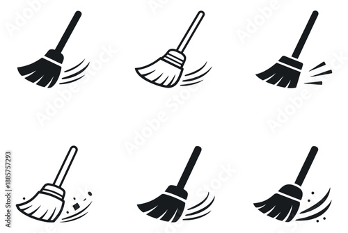 Simple graphic broom icon set featuring sweeping actions and dust particles in solid and line art styles for cleaning and maintenance services