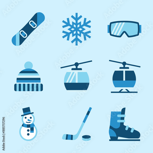 Flat vector set of winter sport icons featuring snowboard, snowflake, ski goggles, warm hat, cable car, snowman, hockey stick and ice skate on blue background.