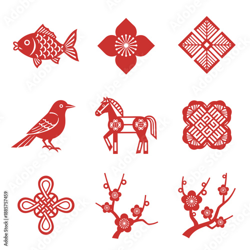 Collection of red traditional chinese cultural icons including fish horse plum blossom knot and geometric patterns in paper cut style on white background.