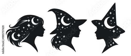 Celestial silhouette female profile set featuring moons and stars with witch hats for mystical designs