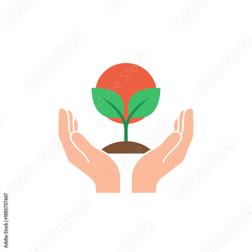Human Hands Protecting Small Green Plant Sprout with Red Sun Background Symbolizing Environmental Conservation Sustainability and Growth Concept