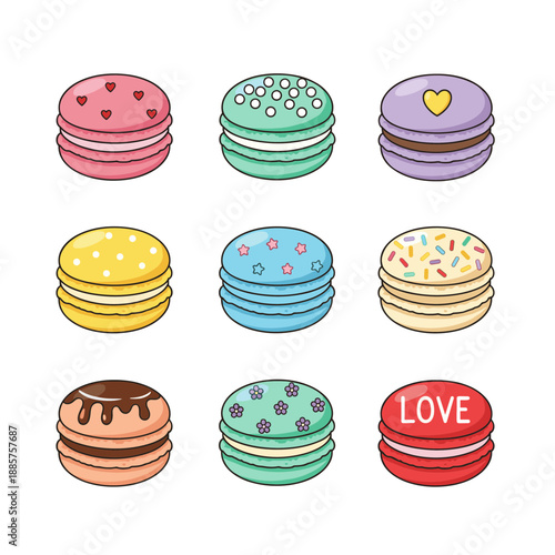 Large Assortment of Colorful Sweet Macarons with Various Toppings and Decorations for Bakery Menu Dessert Shop and Pastry Celebration Design Elements
