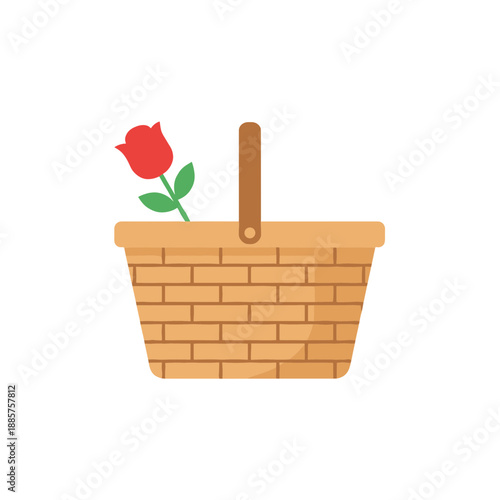 Wicker picnic basket with a single red rose inside isolated on white background flat vector illustration of romantic leisure and outdoor dating concept for spring and summer themes