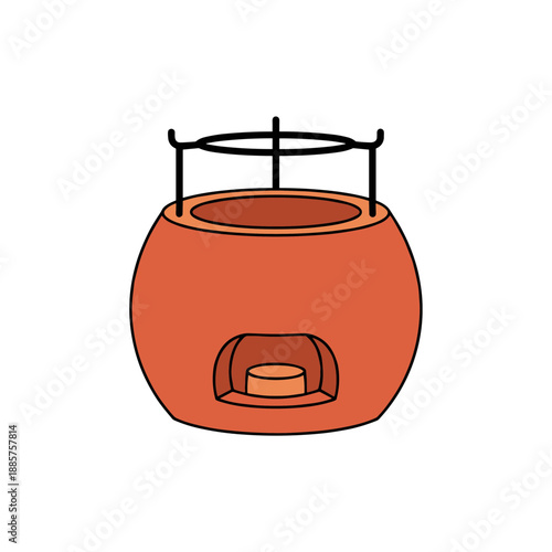 Traditional clay oven or tandoor stove with a metal rack for cooking and baking isolated on white background flat vector illustration of ethnic kitchenware and culinary culture equipment