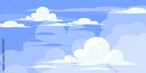 Illustration of a blue sky with white clouds in a flat style. Blue sky background and white clouds. Cartoon sky	
