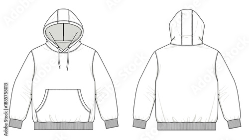 Technical drawing of the front and back views of a basic long sleeve hoodie in flat vector style for fashion design and apparel mockups.