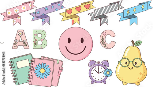 Cute back to school illustration set with ABC letters, banners, smiley face, notebooks, alarm clock, pear character, and playful pastel flat vector elements