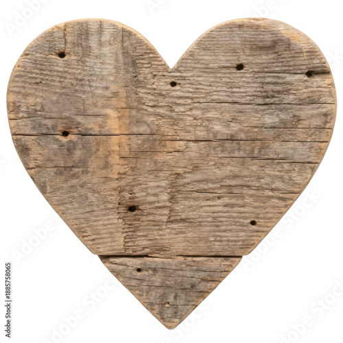 Rustic wooden heart shape with visible grain and nail holes on transparent background