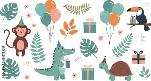 Cute birthday animal illustration set with monkey, crocodile, turtle, toucan, balloons, gifts, and tropical leaves for playful nursery flat vector designs