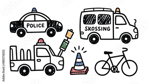 Drawn Emergency Vehicles and safety equipments: A hand-drawn illustration featuring a collection of essential vehicles for emergency response and safety, including police car, ambulance, truck.
