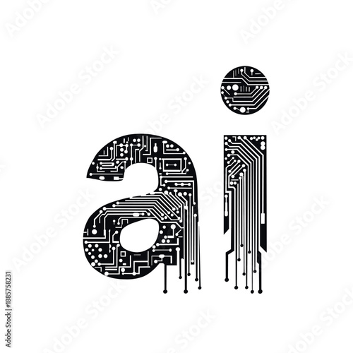 Stylized AI lettering filled with electronic circuit patterns. Modern tech typography illustration representing artificial intelligence, digital innovation and future technology concepts