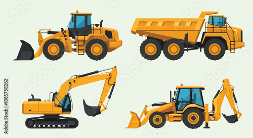 Set Of Four Yellow Construction Vehicles On Light Background