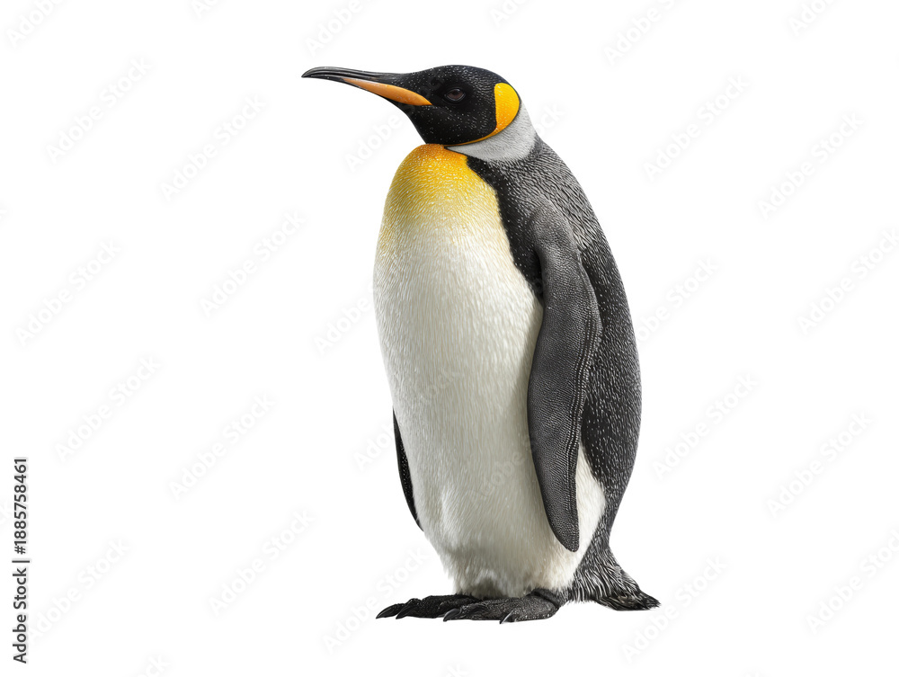 Obraz premium A stately penguin standing tall, isolated in a clean environment. The penguin displays unique characteristics such as yellow and black marking Isolated Transparent Background, PNG