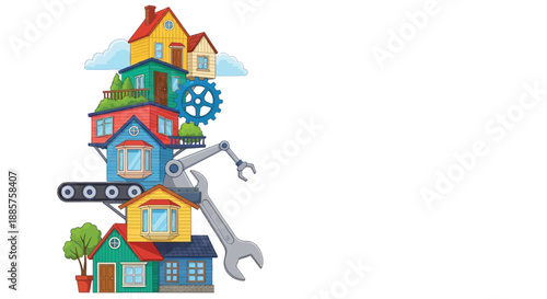 IColorful houses stacked with robotic arm and gears a whimsical illustration