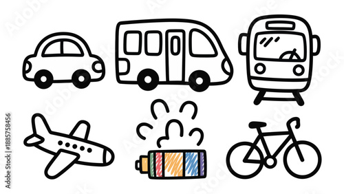 Diverse Transport Symbols: An artistic collection of various transportation modes in simple, hand-drawn designs. Each symbol represents a unique means of conveyance.