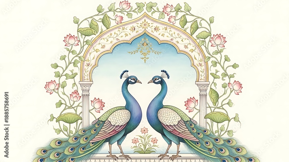 Fototapeta premium Two Peacocks Facing Each Other Under Ornate Archway with Floral Decor