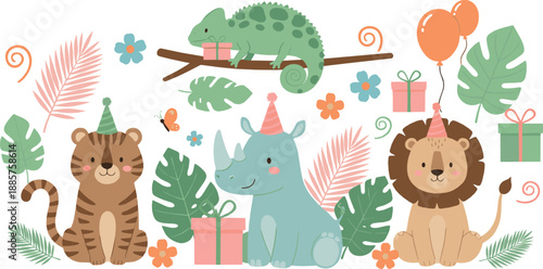 Cute birthday jungle animal illustration set with lion, tiger, rhino, chameleon, gifts, balloons, tropical leaves, and playful nursery flat vector design