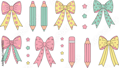 Cute bow and pencil illustration set with pastel ribbons, school stationery elements, decorative stars, and playful kawaii flat vector design