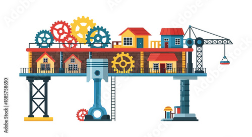 Industrial townscape illustration featuring mechanical gears houses and a crane