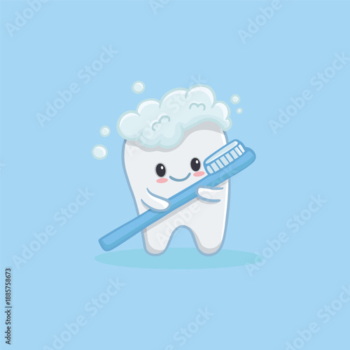 Cute cartoon tooth with toothbrush. Teeth cleaning icon. Happy cute character tooth. Dentistry concept of oral hygiene, dental care for kids. Vector illustration 