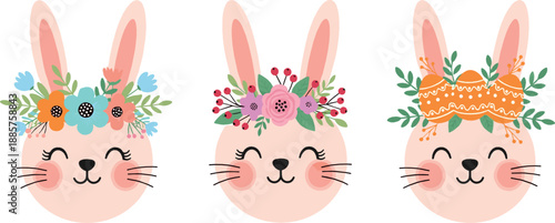 Cute bunny faces vector illustration set with floral wreaths and folk patterns, spring animal portraits for kids design, nursery decor and Easter decoration isolated