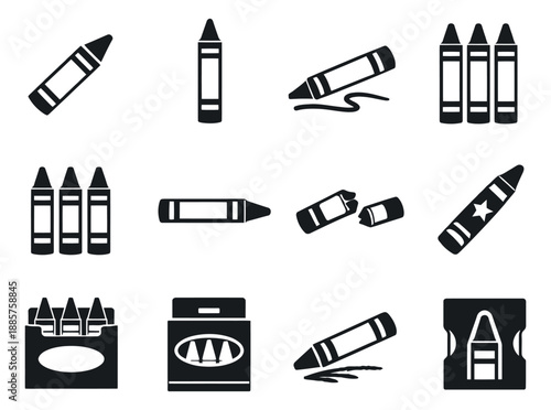 Simple graphic crayon set featuring various drawing tools and accessories for art and education