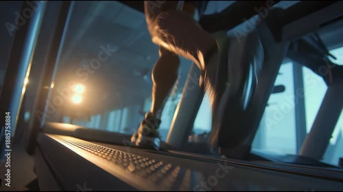 Running sneakers striking the treadmill belt, showcasing traction, design, and performance under high-speed endurance training.