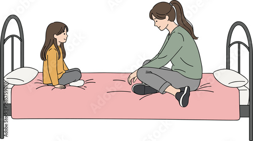Mother and daughter sitting on bed illustration showing family conversation, bonding, emotional support, and calm home interior moment in flat vector style