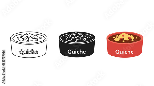 Three quiche dishes in black white and red ceramic bowls