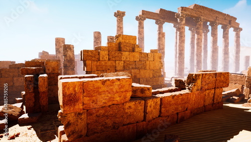 Konstfotografi Sunlight casts warm hues over weathered stone ruins in a vast desert