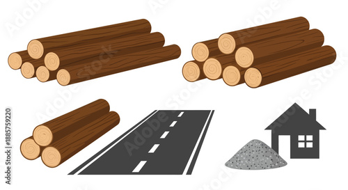 Illustration of logs a road a house and a pile of gravel
