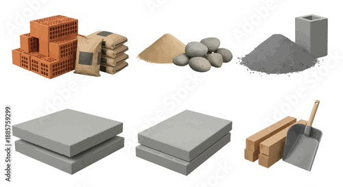 Assortment of construction materials including bricks cement and paving stones