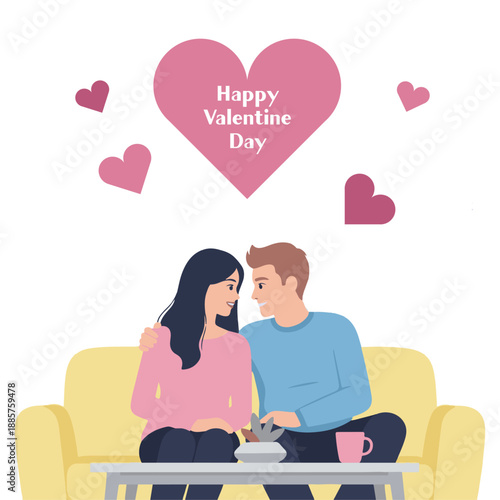 Happy couple sitting together on a sofa at home in valentine day