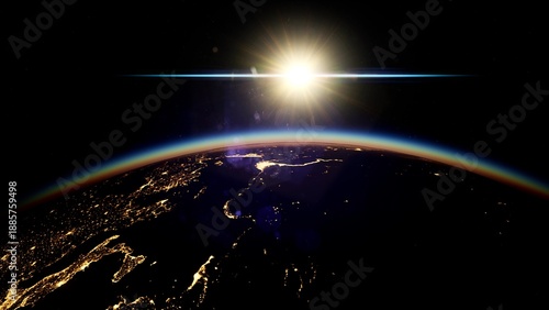 Quadro em tela A beautiful sunrise illuminates the curvature of Earth, casting golden light on the cities below