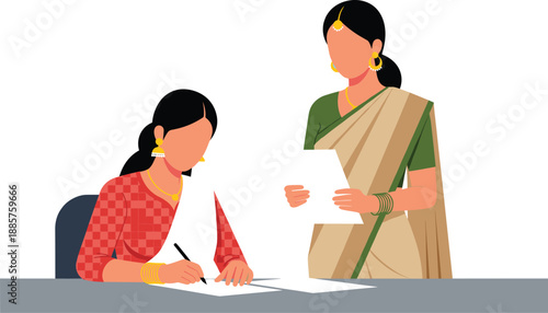 Indian women working together illustration showing paperwork, education, office collaboration, and traditional attire in professional flat vector style
