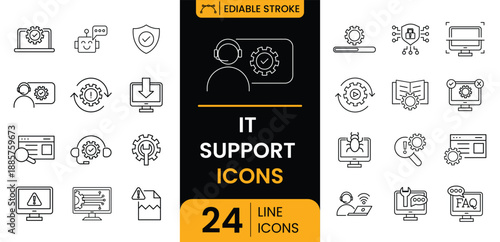 Icon set Includes IT support, troubleshooting, help desk, cybersecurity, system backup, AI assistance, problem solving, Perfect for IT. IT support icon set. Tech support icon set.