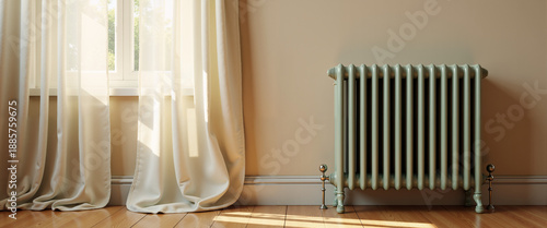 Radiator near white drapes by window in a minimalist room  