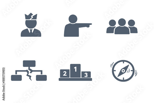 Monochromatic cyber breach icons showing data leaks and system vulnerability. Clean flat vector symbols ideal for security software, compliance tools, and web interfaces.