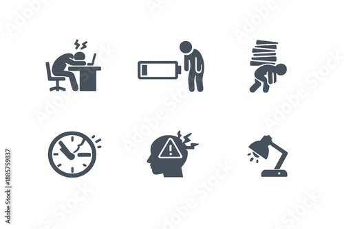 Business failure icon set illustrating employee burnout, overwork, and productivity collapse. Monochrome vector icons for HR dashboards, wellness platforms, and corporate reports.