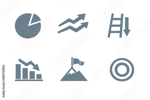 Business failure icon set showing market share decline and competitive loss. Monochrome vector icons for analytics dashboards, strategy reports, and business intelligence tools.