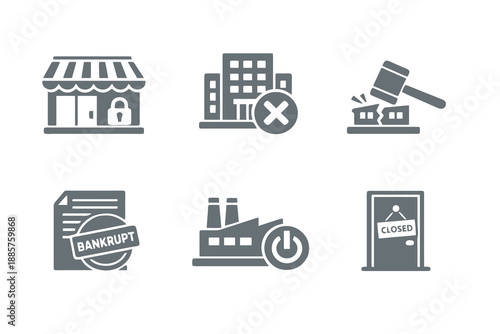 Monochromatic bankruptcy icons illustrating insolvency and permanent business closure. Clean flat vector symbols ideal for finance software, legal presentations, and web interfaces.