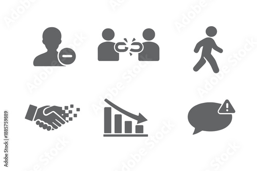 Monochromatic customer loss icons showing churn risk and relationship breakdown. Clean flat vector symbols ideal for business intelligence tools, reports, and web interfaces.