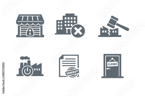 Business failure icon set showing bankruptcy, company shutdown, and business closure. Monochrome vector icons for legal platforms, financial reports, and corporate dashboards.